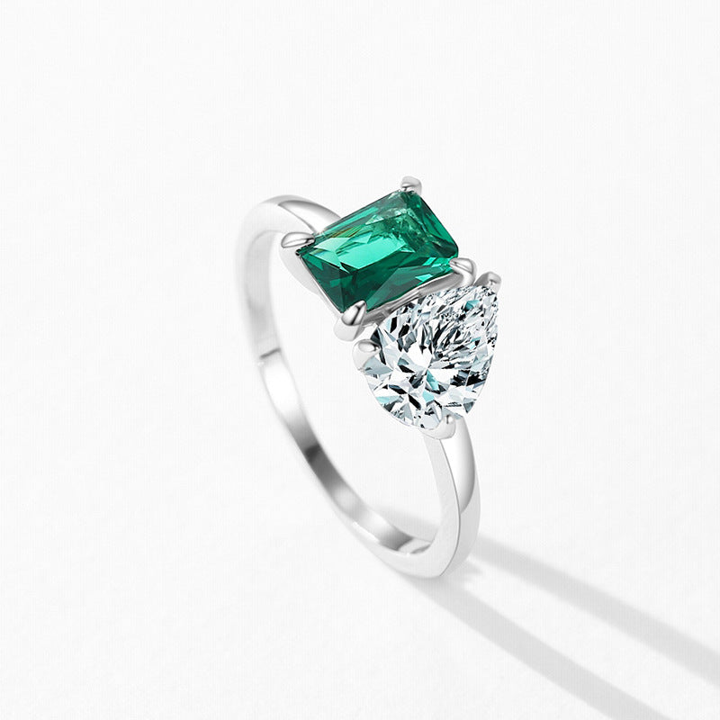 Emerald Duet Green Zircon Two Stone Ring 925 Sterling Silver