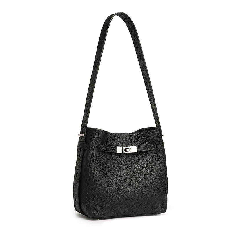 Women's Pebbled Cowhide Bucket Bag with Double-D Hardware