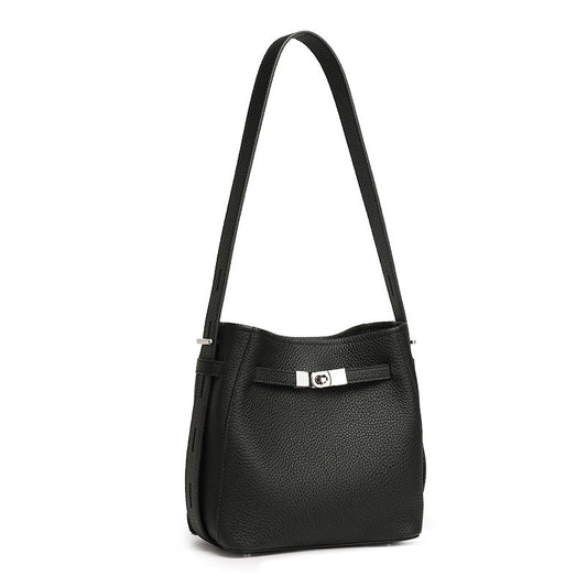 Women's Pebbled Cowhide Bucket Bag with Double-D Hardware