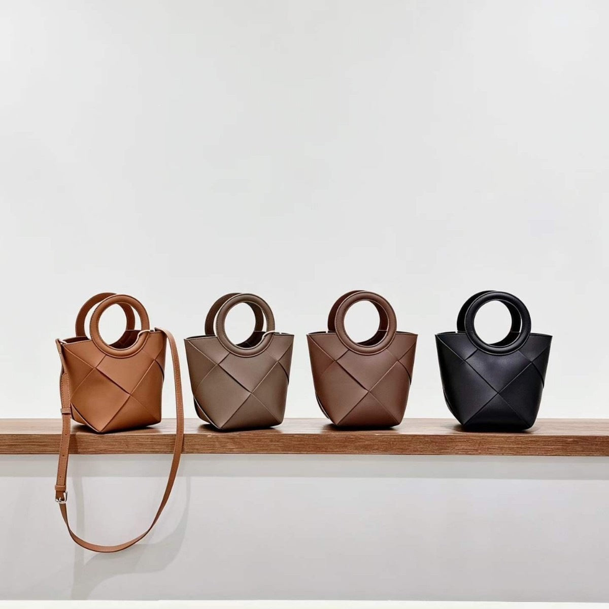 Women's Woven Cowhide Mini Bucket Bag with Adjustable Strap