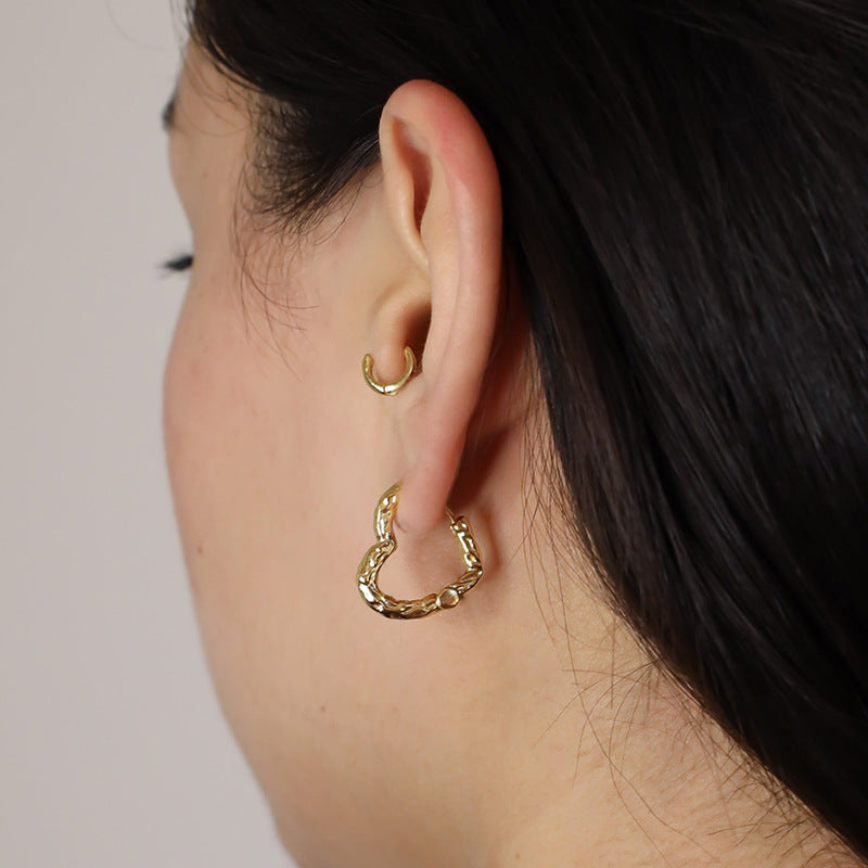 “Textured Heart” S925 Sterling Silver Irregular Heart Hoop Earrings