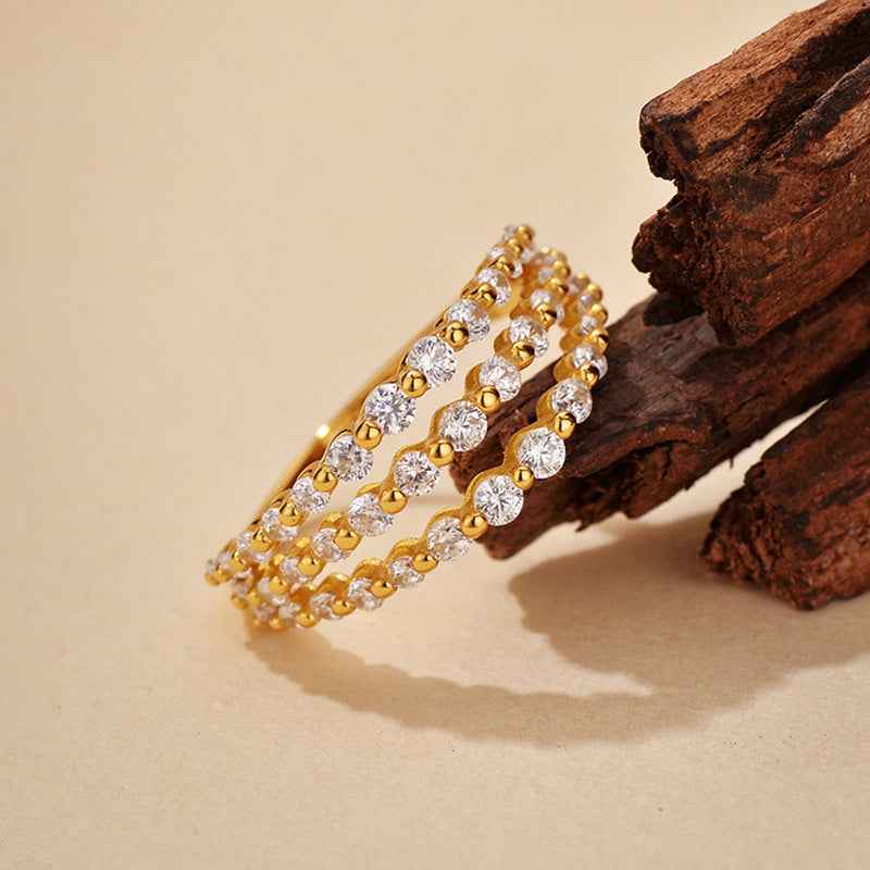 925 Sterling Silver Triple Gleam Three-Row Pavé Zircon Ring Gold Plated Statement Ring