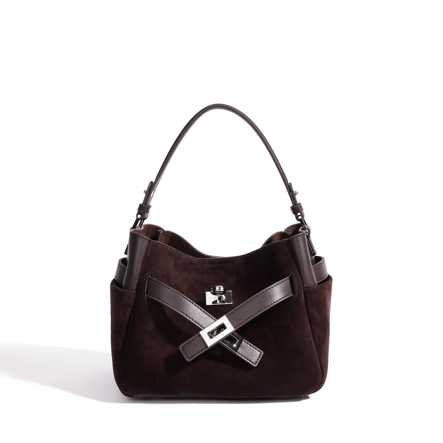 Women's Suede Cowhide Bucket Bag with Detachable Strap