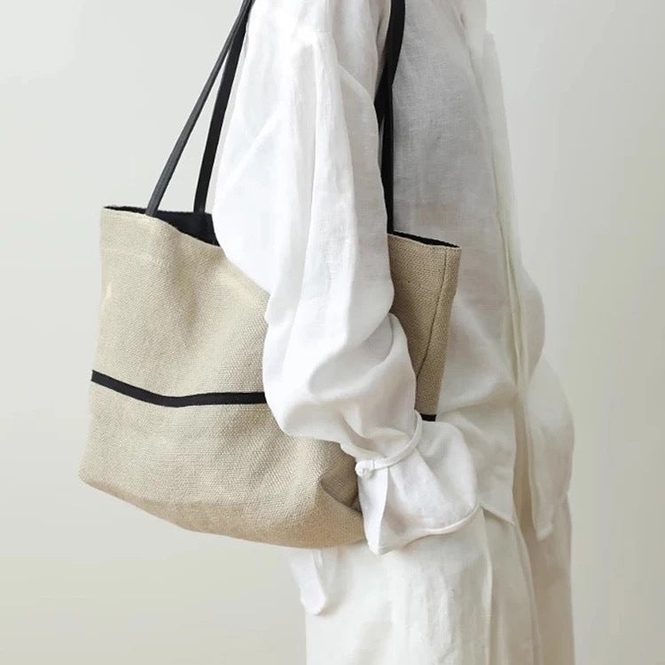 Women's Linen Tote Bag with Structured Base and Wide Straps