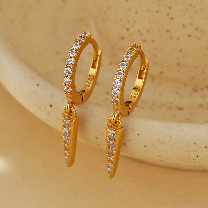“Linear Stud Luxe” S925 Sterling Silver Zircon Geometric Hoop Earrings