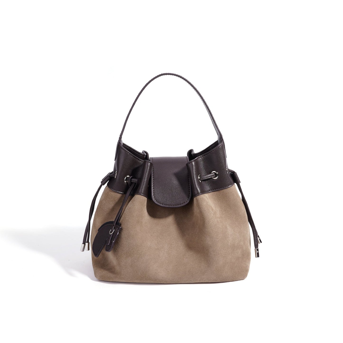 Women's Suede Leather Drawstring Bucket Bag with Horse Charm