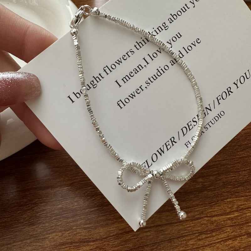 S925 Sterling Silver Glitter Bow Necklace and Bracelet Set Adjustable