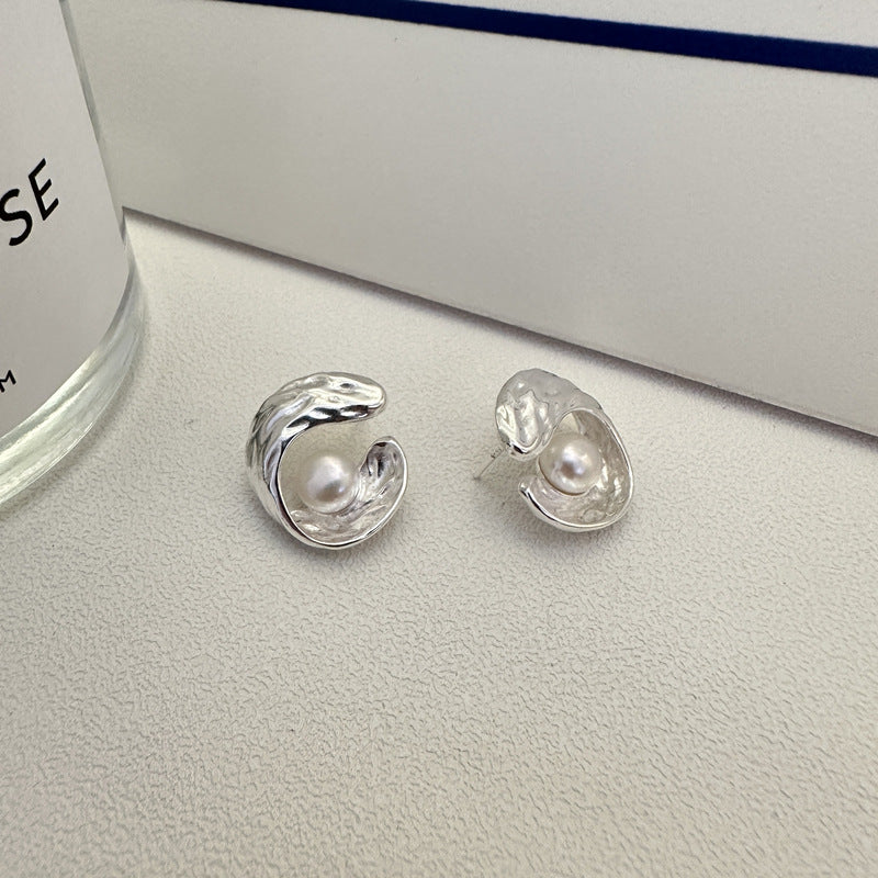 S925 Sterling Silver Pearl Muse Textured Pearl Earrings Modern Artistic Stud