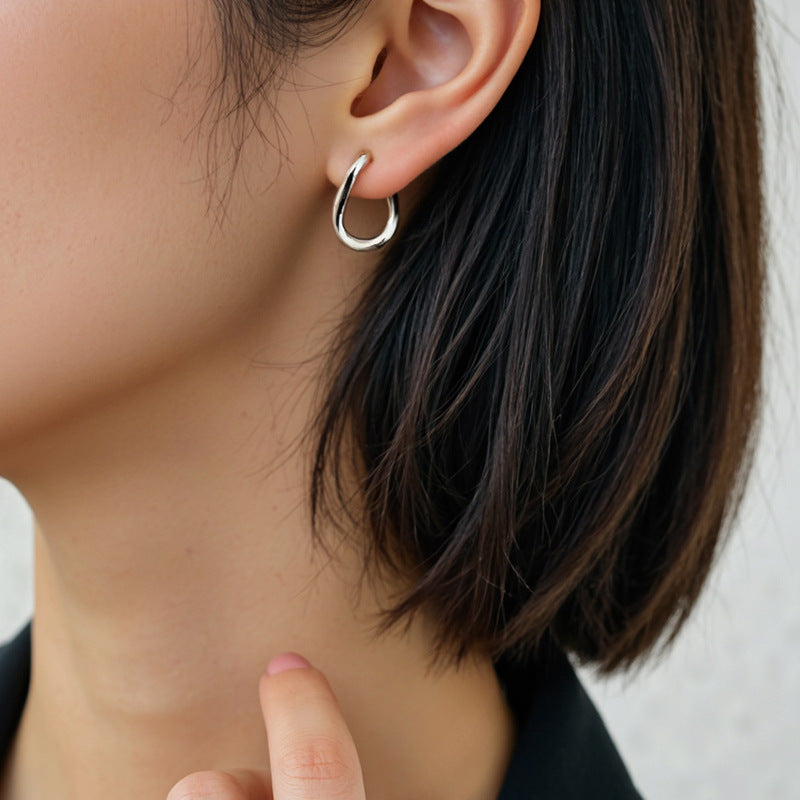 “Abstract Form” S925 Sterling Silver Irregular Geometric Hoop Earrings