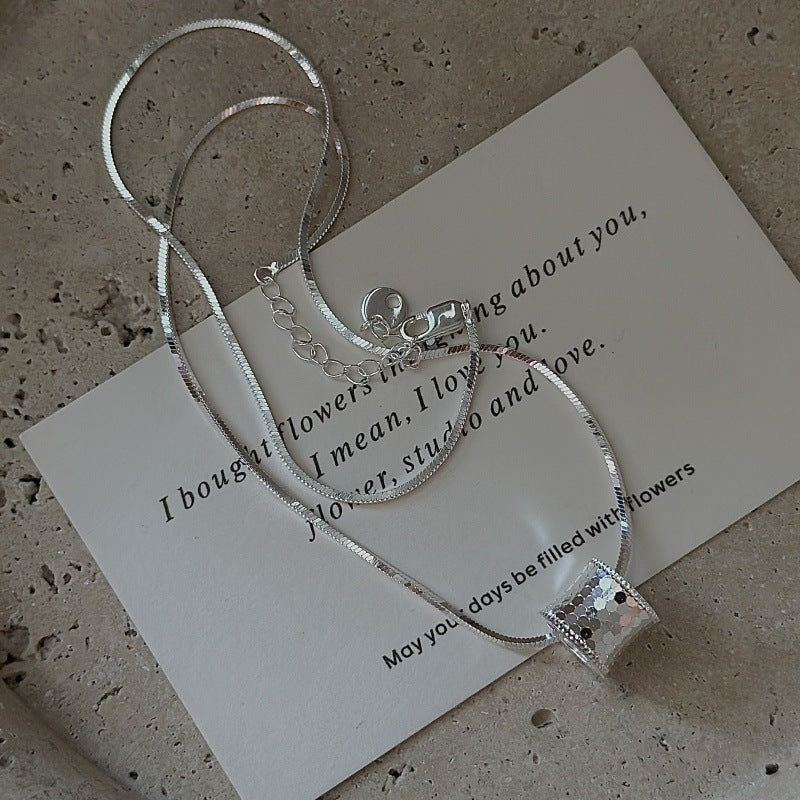 S925 Sterling Silver Silver Gleam Cylinder Necklace Sequin Pendant Snake Chain Minimalist