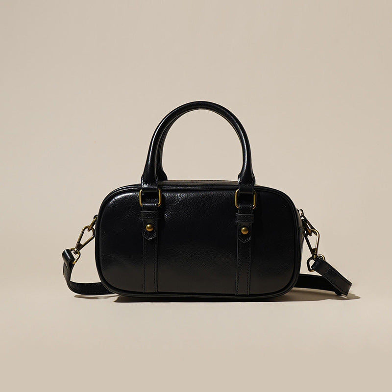 Women's Oil-Waxed Cowhide Mini Boston Bag with Top Handle