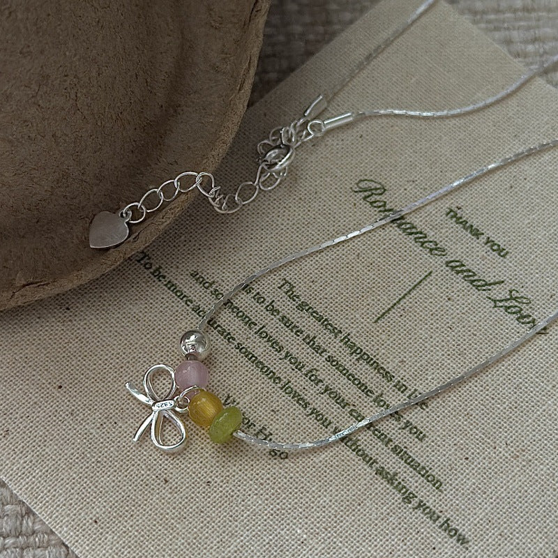 S925 Sterling Silver Colorful Bow Necklace Multicolor Beaded Cute Jewelry