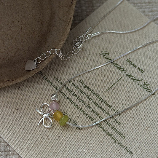 S925 Sterling Silver Colorful Bow Necklace Multicolor Beaded Cute Jewelry
