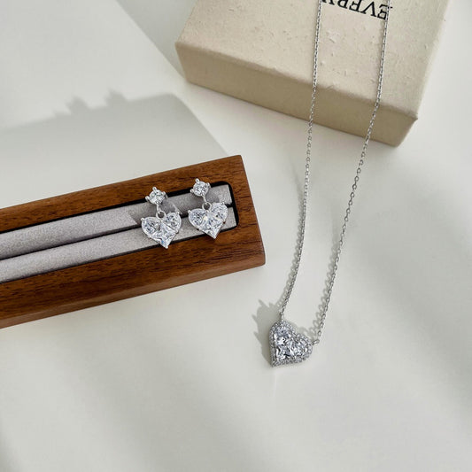 “Sweetheart Duo” S925 Sterling Silver Heart Necklace & Earrings Set