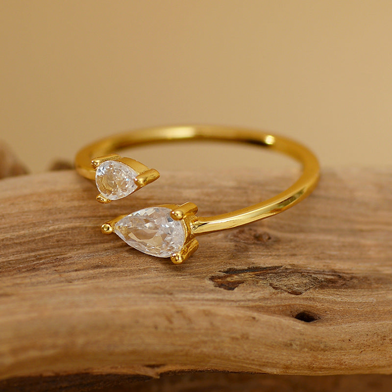 “Twin Drops” S925 Sterling Silver Zircon Teardrop Open Ring