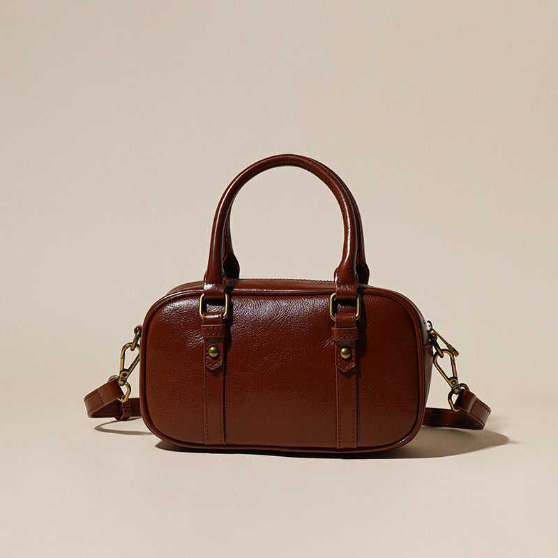 Women's Oil-Waxed Cowhide Mini Boston Bag with Top Handle