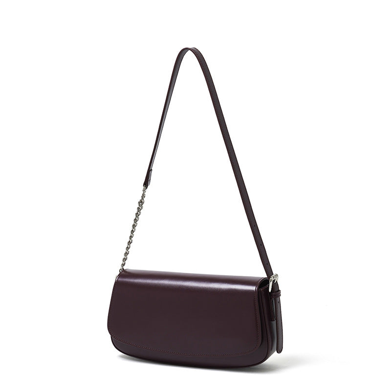Women's Soft Cowhide Baguette Saddle Bag with Chain Strap