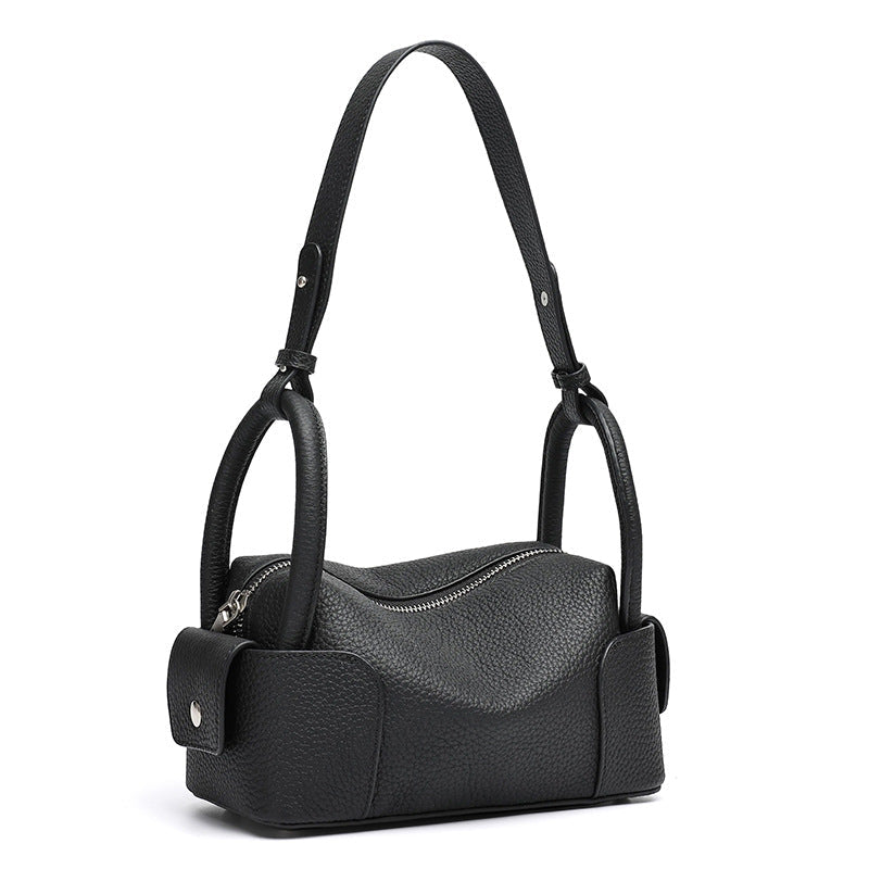Women's Pebbled Cowhide Mini Boston Bag with Adjustable Strap