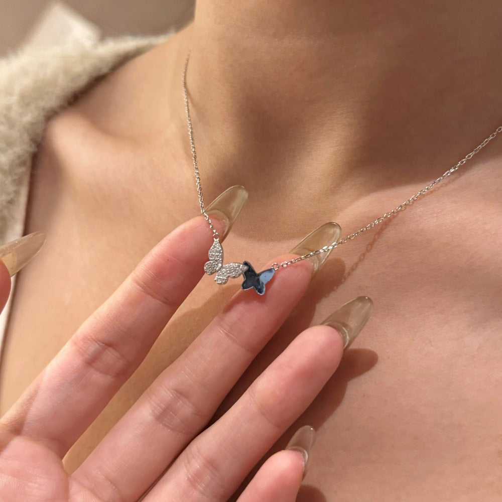 Twin Flutter Butterfly Pendant Necklace with Blue Crystal in S925 Sterling Silver