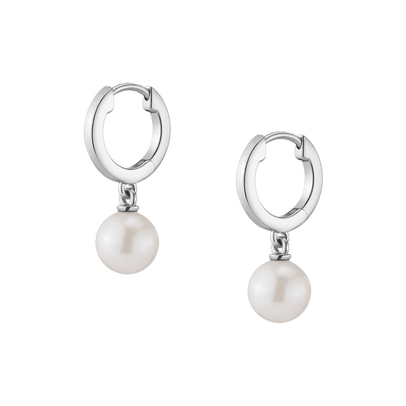 “Pearl Orbit” S925 Sterling Silver Pearl Huggie Hoop Earrings
