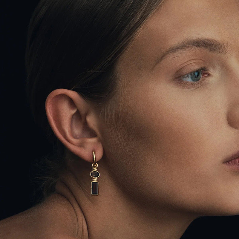 “Amber Deco” S925 Sterling Silver Oval Drop Hoop Earrings with Square Zircon