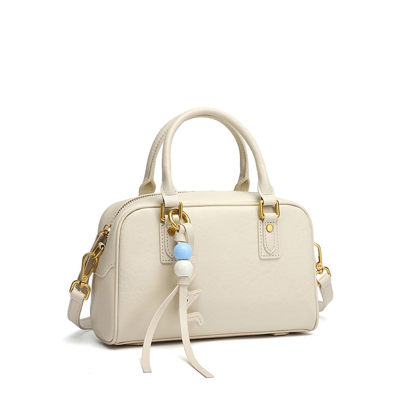 Women's Genuine Leather Boston Bag with Wavy Charm