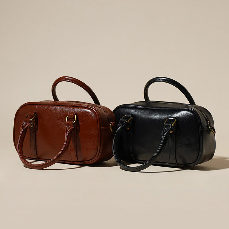 Women's Oil-Waxed Cowhide Mini Boston Bag with Top Handle