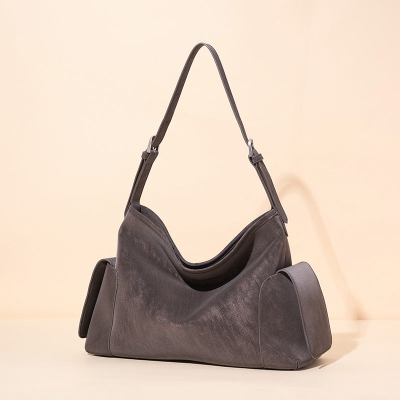 Women's Full-Grain Cowhide Slouchy Shoulder Bag with Side Pockets
