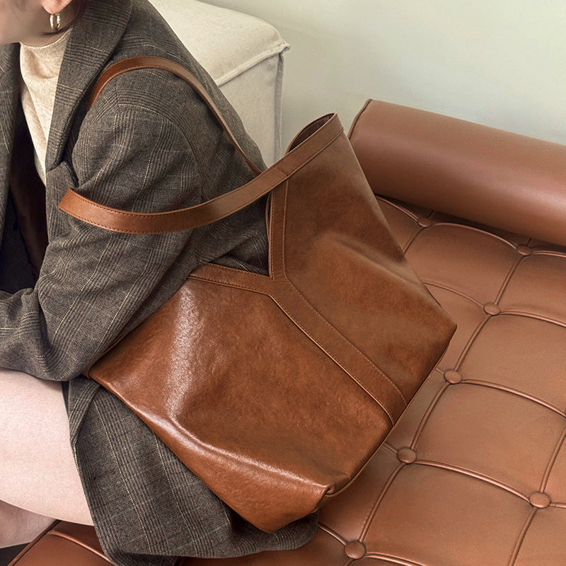 Women's Genuine Leather Open Top Vertical Tote Bag