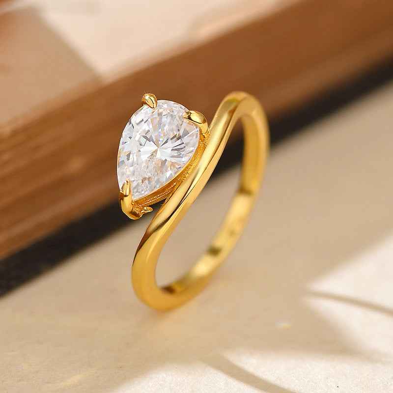 925 Sterling Silver Wave Dewdrop Teardrop Zircon Ring Gold Platinum Plated