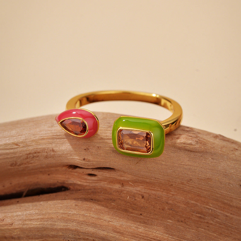“Enamel Prism” S925 Sterling Silver Enamel Zircon Open Ring