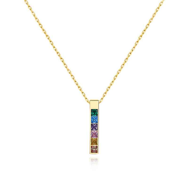 Prism Column Rainbow Zircon Bar Necklace 925 Sterling Silver Pendant