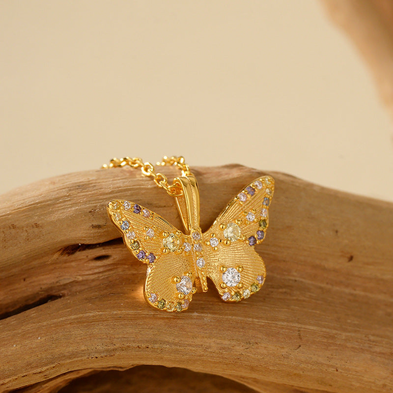 “Dreaming Butterfly” S925 Sterling Silver Multicolor Zircon Butterfly Necklace