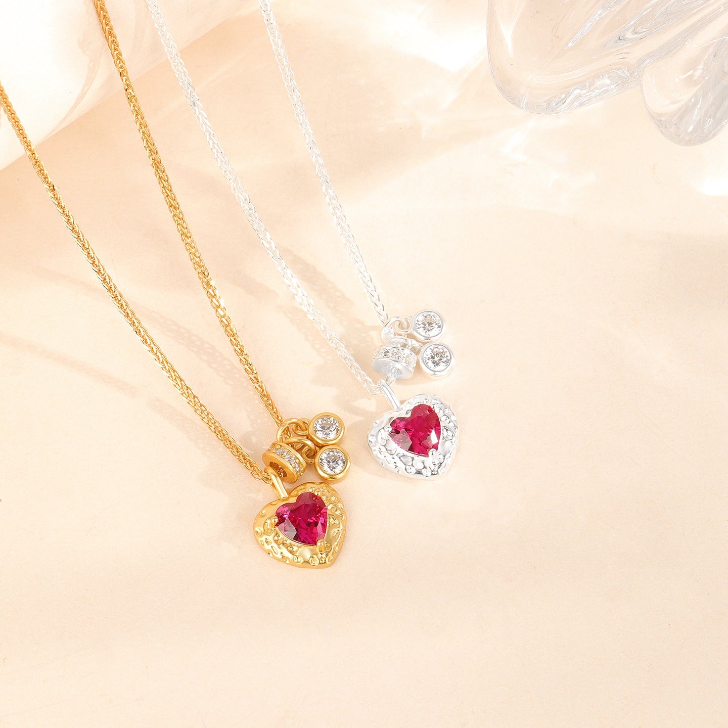 Rouge Heritage Vintage Red Zircon Heart Pendant Necklace in S925 Sterling Silver