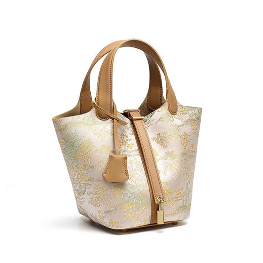 Women's Oriental Garden Genuine Leather Bucket Bag with Charm