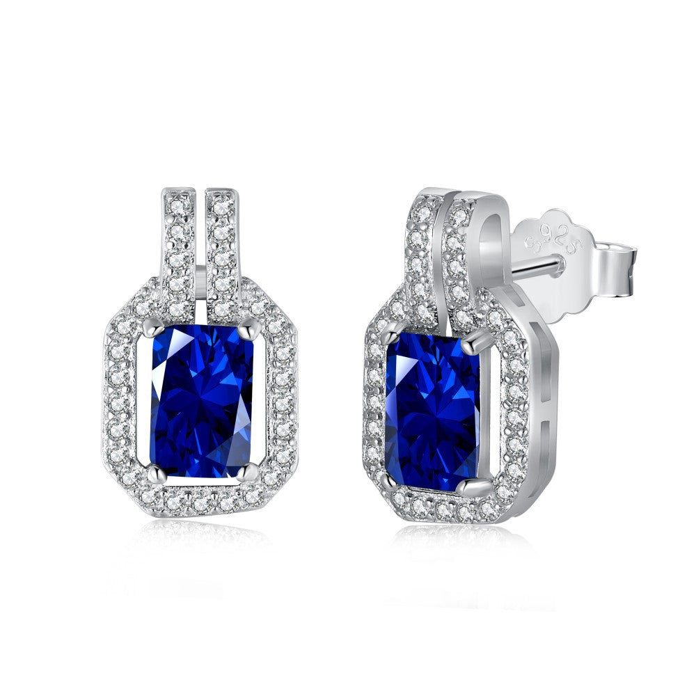 Sugar Halo Emerald-Cut Zircon Rectangle Stud Earrings in S925 Sterling Silver