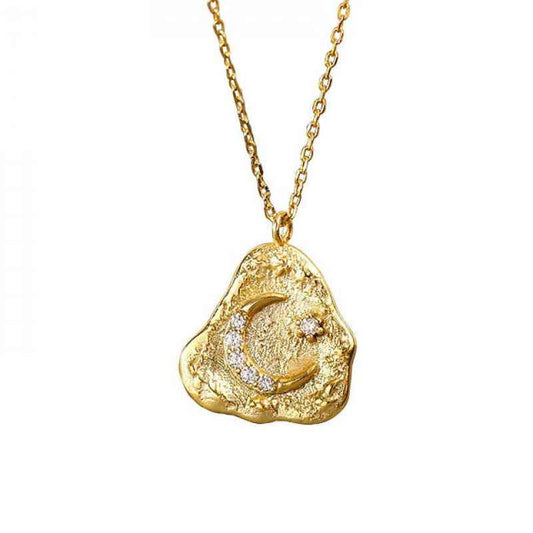 925 Sterling Silver Moonlit Muse Crescent Necklace Textured Moon Pavé Zircon Gold Plated