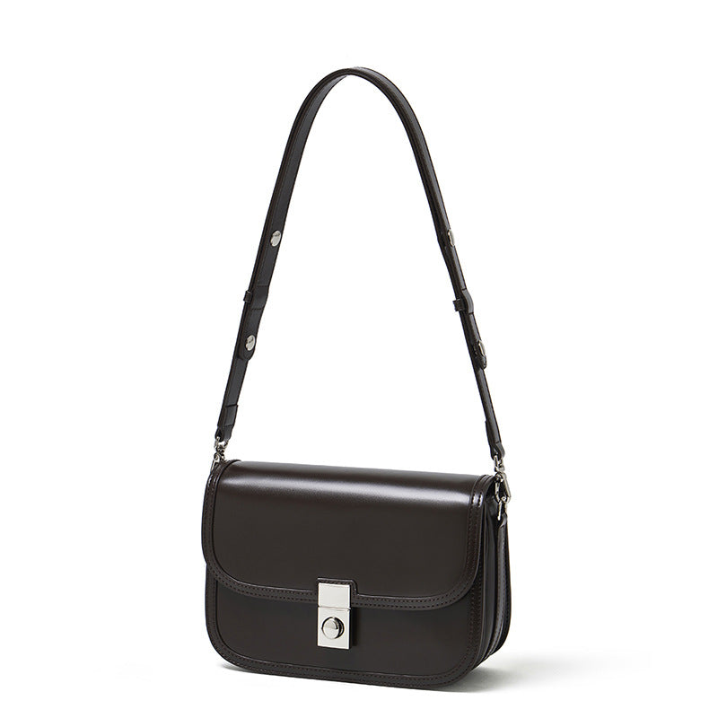 Women's Plain Cowhide Curved Satchel with Twist-Lock Closure