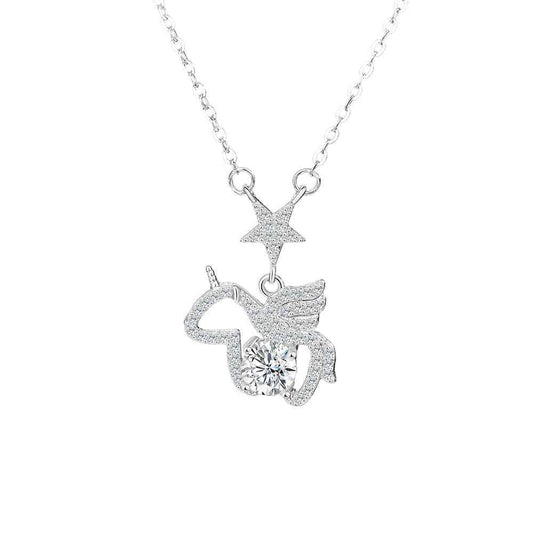 Starlit Pegasus Moissanite Unicorn Pendant Necklace 925 Sterling Silver