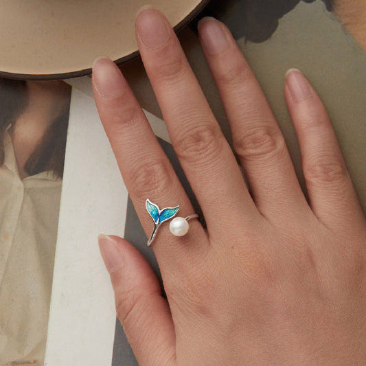 Mermaid Whisper S925 Sterling Silver Enamel Pearl Open Ring