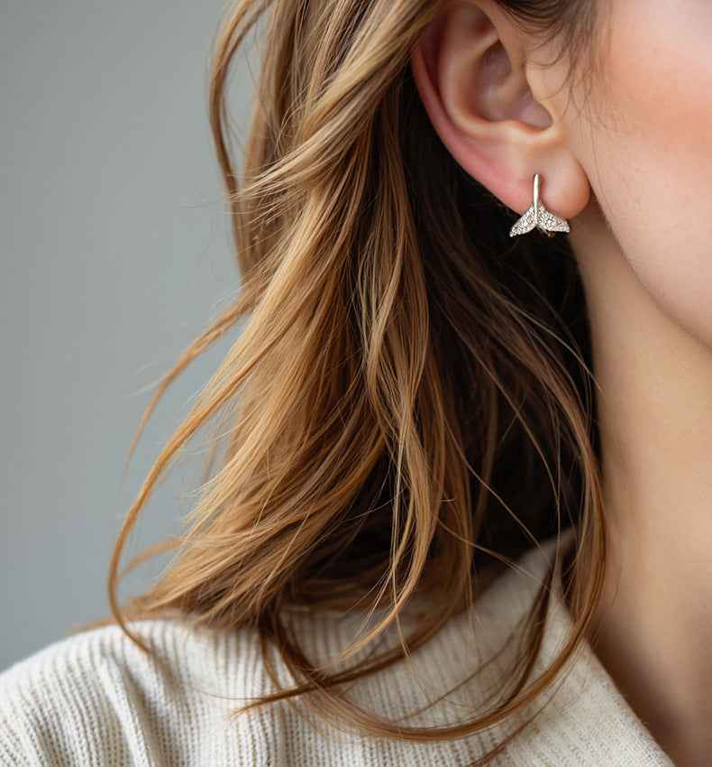 925 Sterling Silver Mermaid Tail Pavé Zircon Whale Tail Earrings Gold White Rose Gold