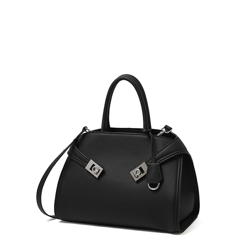 Women's Lychee-Grain Cowhide Double-Buckle Convertible Tote