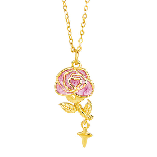 Velour Rose S925 Sterling Silver Pink Rose Heart Pendant Necklace