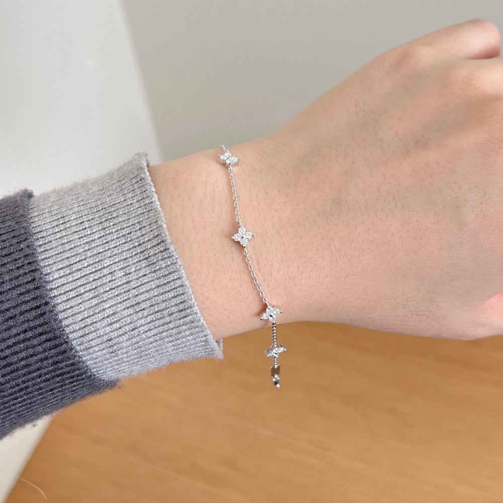 925 Sterling Silver Lucky Petal Clover Moissanite Zircon Bracelet Adjustable