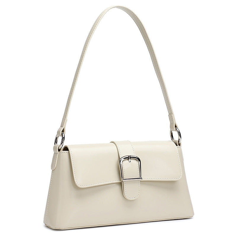 Women's Genuine Leather Vintage Baguette Shoulder Bag with Buckle
