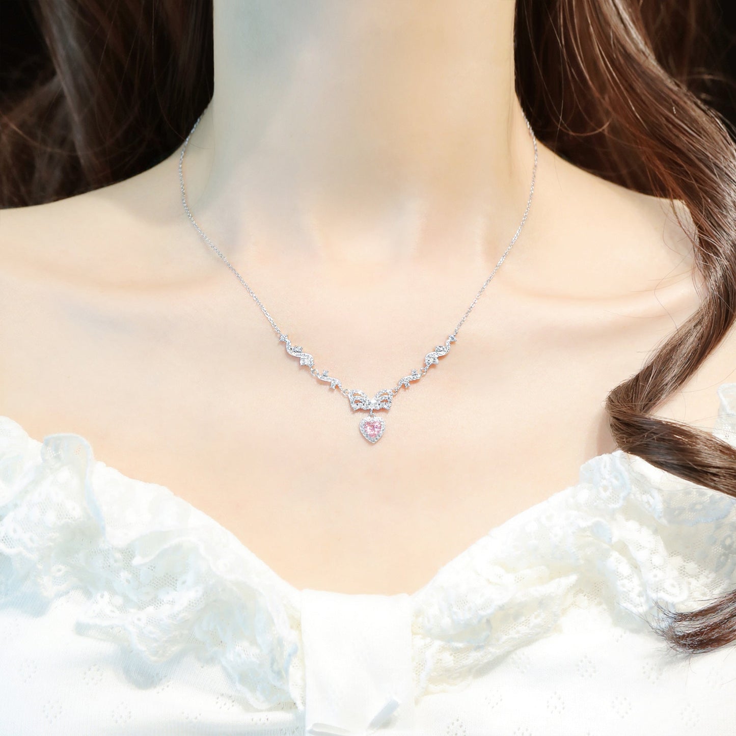 Ballet Sweetheart S925 Silver Pink Heart Bow Pendant Necklace