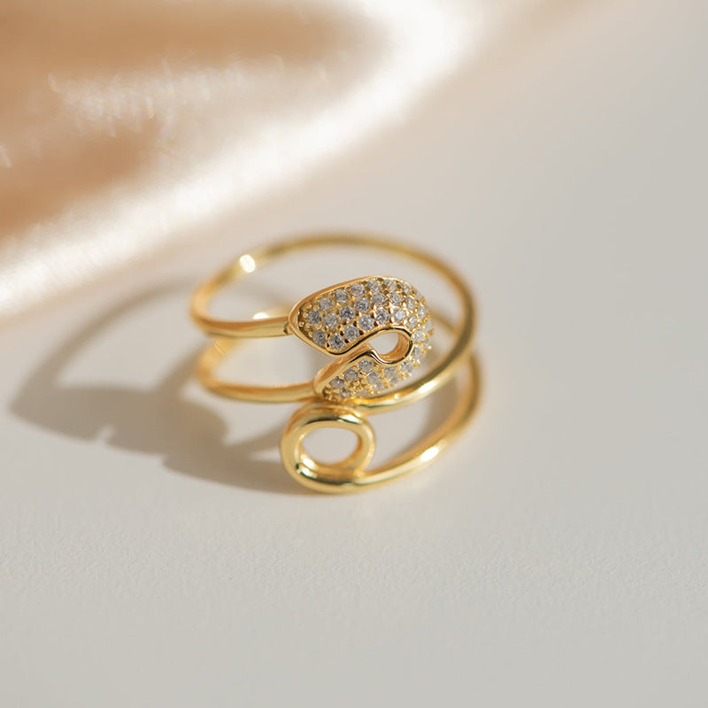 “Pinpoint Luxe” S925 Sterling Silver Open Adjustable Pave Zircon Pin Ring