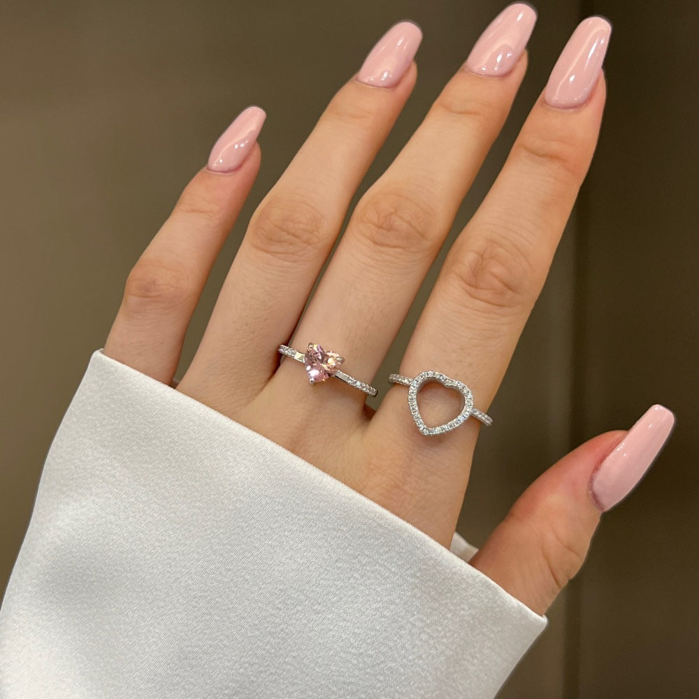 S925 Sterling Silver Heart Duet Stackable Ring Set 5A Zircon White Pink