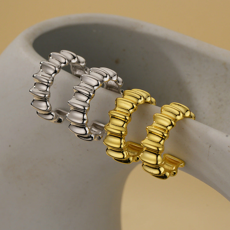 “Crescent Fold” S925 Sterling Silver Irregular Textured C-Hoop Stud Earrings