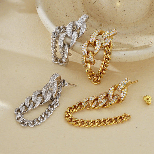“Chain Eclat” S925 Sterling Silver Zircon Chain Stud Earrings